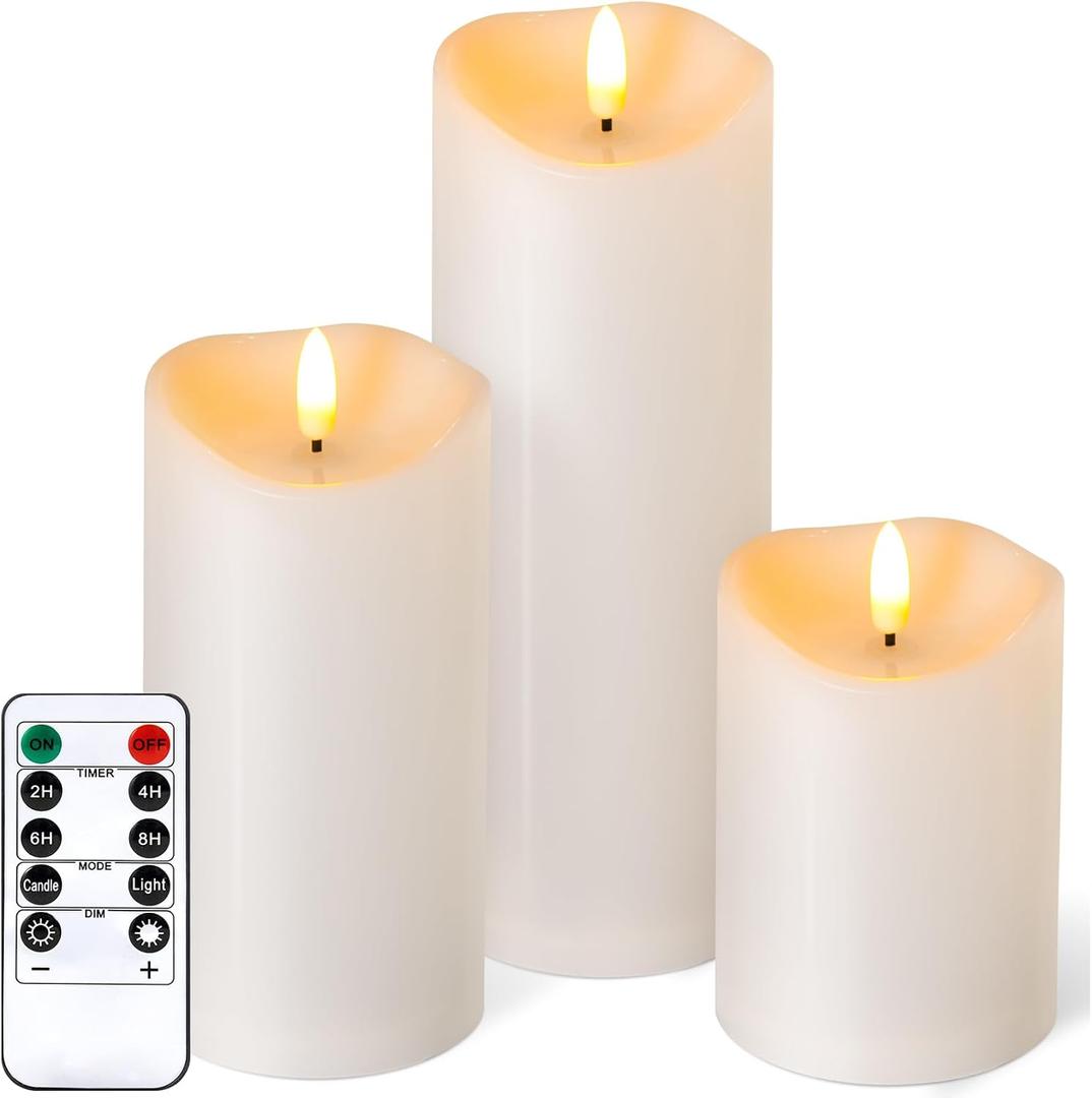 Outdoor Flameless Candles with Remote Timer - Waterproof Realistic Flickering LED Pillar Electric Battery Operated Fake Candle for Holiday Home Wedding Fireplace Decor - Ivory White 3 Pack