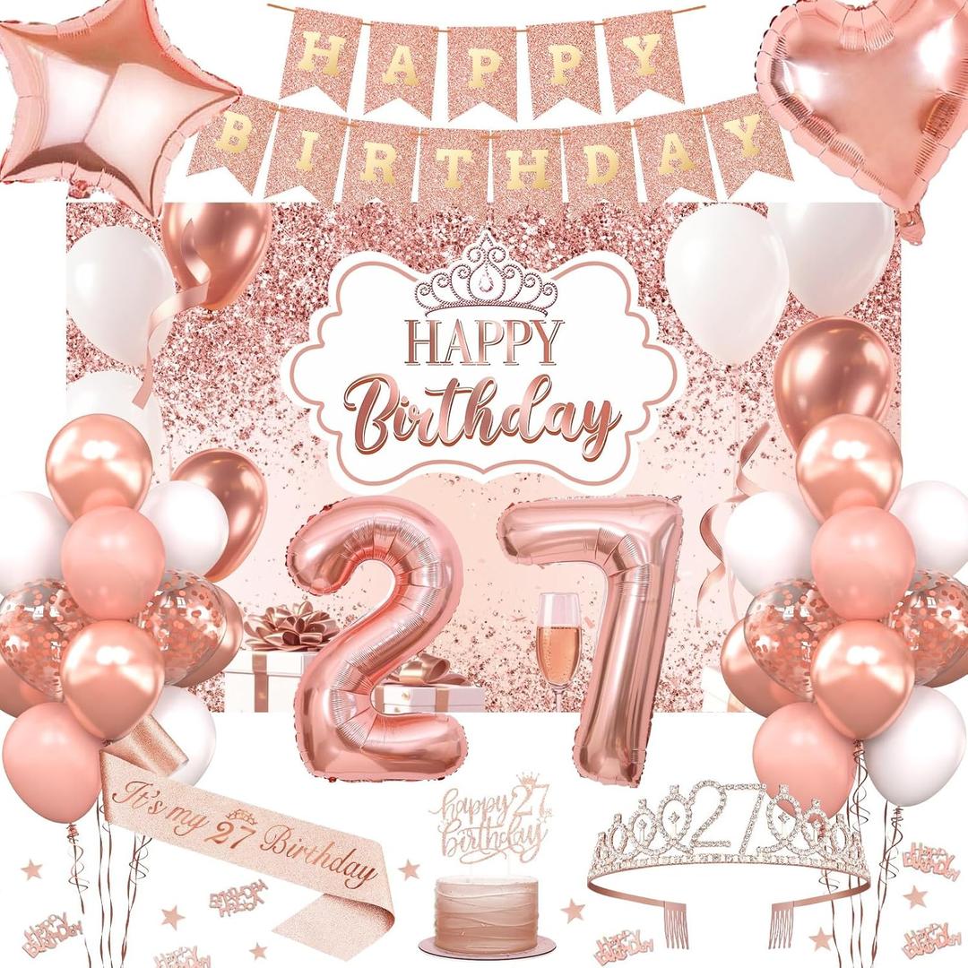 27th Birthday Decorations for Women, 52pcs Sweet Rose Gold Happy 27 Birthday Decorations Including 27th Rose Gold Crown, Sash, Banner, Background for 27 Party Decorations Set