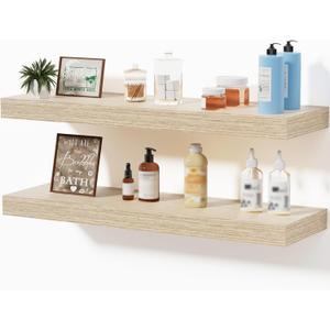 Oak Floating Shelves for Wall, Wall Mounted Wooden Shelves for Bathroom, Bedroom, Kitchen & Living Room, Rustic Storage & Decor Display Shelf for Plants, Books & Towels, Set of 2, 24"x7"x1.5"