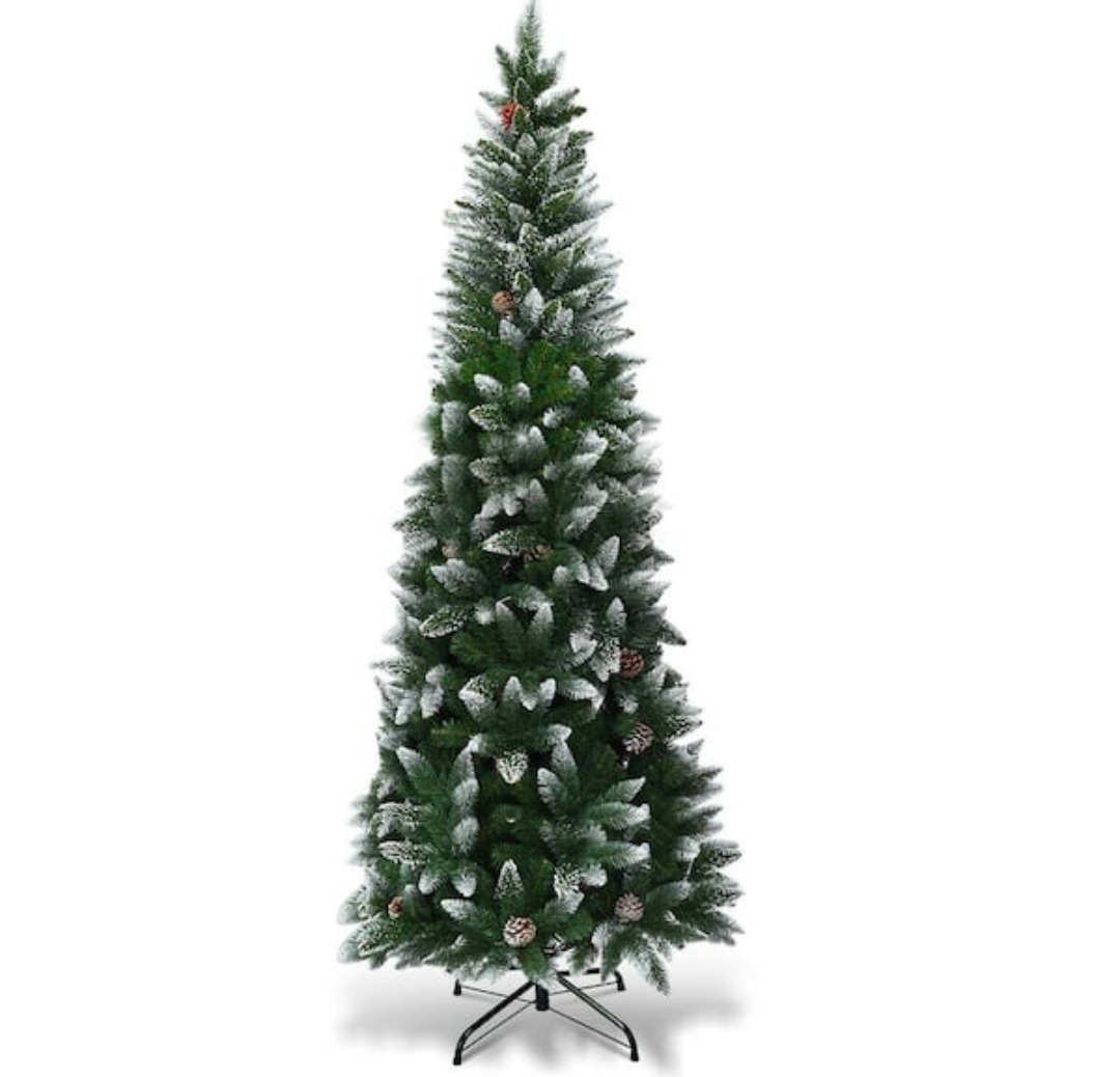 7.5 ft. Unlit Snow Flocked Artificial Pencil Christmas Tree Hinged with Pine Cones