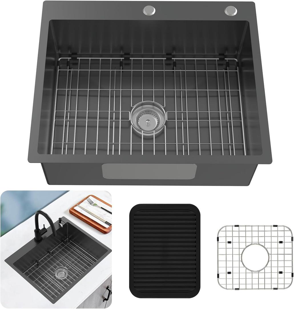 Black Kitchen Sink, Stainless Steel 27 x 22 Inch Drop In Sink Single Bowl Top Mount Sink Set - Sink Grid, Silicone Mat And Drain Assembly For Modern Kitchen And Bar Stylish and Functional