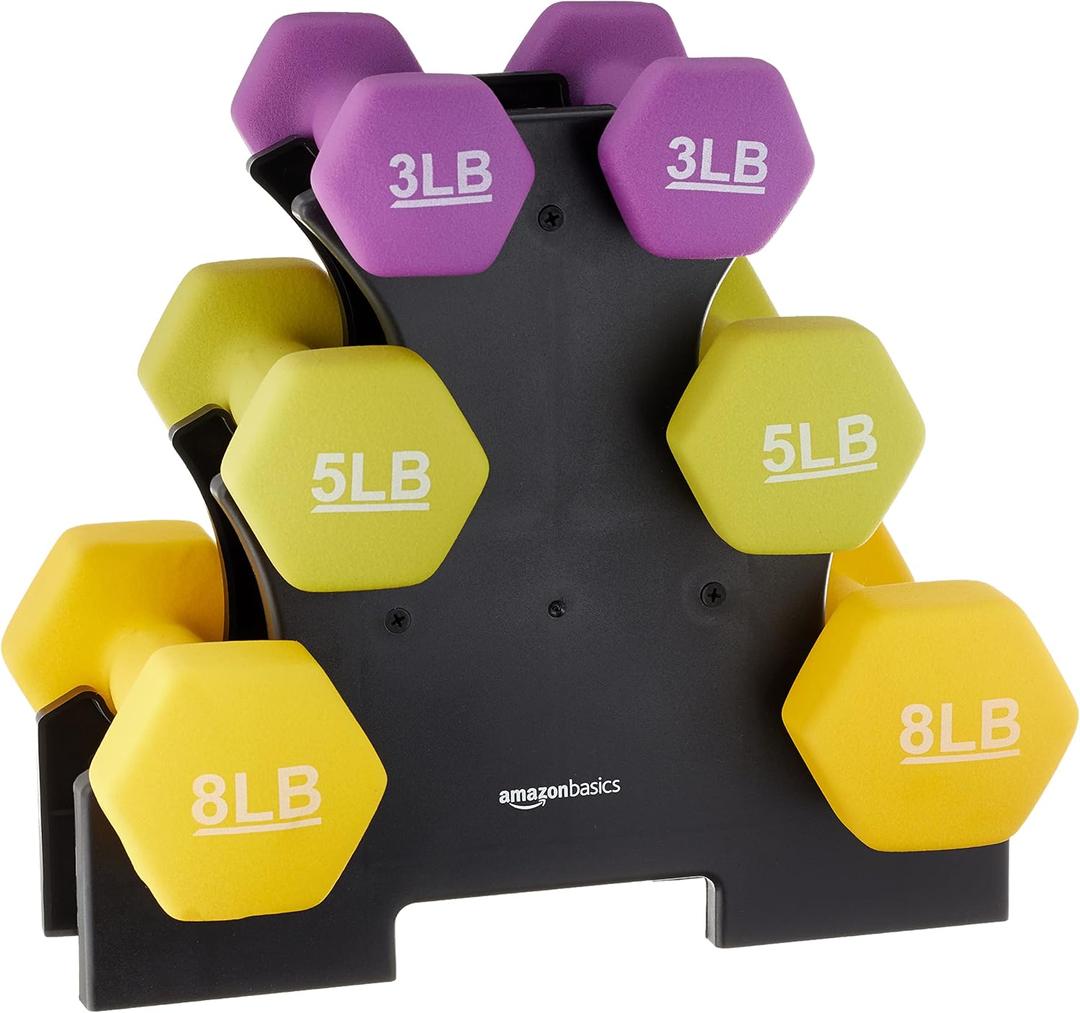 Amazon Basics Neoprene Dumbbell Hand Weights with Easy to Assemble Stand, 3 Pairs (3, 5, and 8 Pounds), Purple/ Green/ Yellow