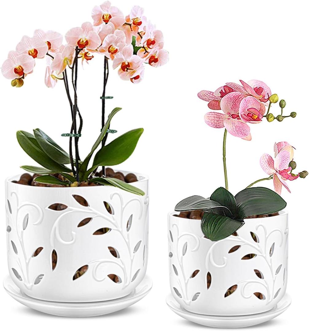 EFISPSS Ceramic Orchid Pots 5+ Inch White with Drainage Holes & Tray, Breathable Airflow, Indoor & Outdoor