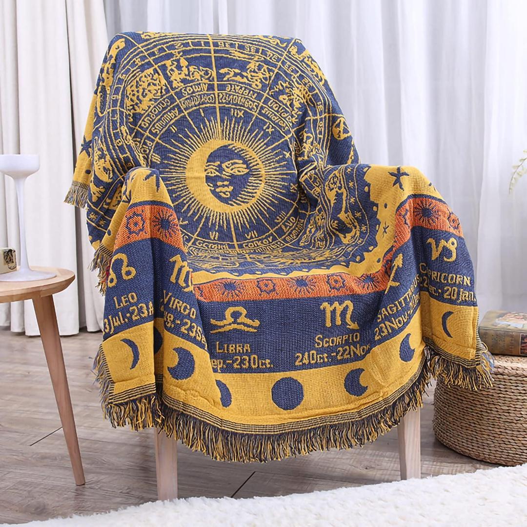 Bohemian Woven Cotton Throw Blanket - Reversible Sofa Cover for Couch, Bed, or Chair, Astrology Decor (Yellow, 71x51)