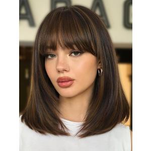 FANCEE Highlight Layered Wigs with Bangs 14 Inch Short Mixed Brown Glueless Ready-to-Go Straight Synthetic Bob Wigs for Women Realistic Scalp Daily Cosplay Use