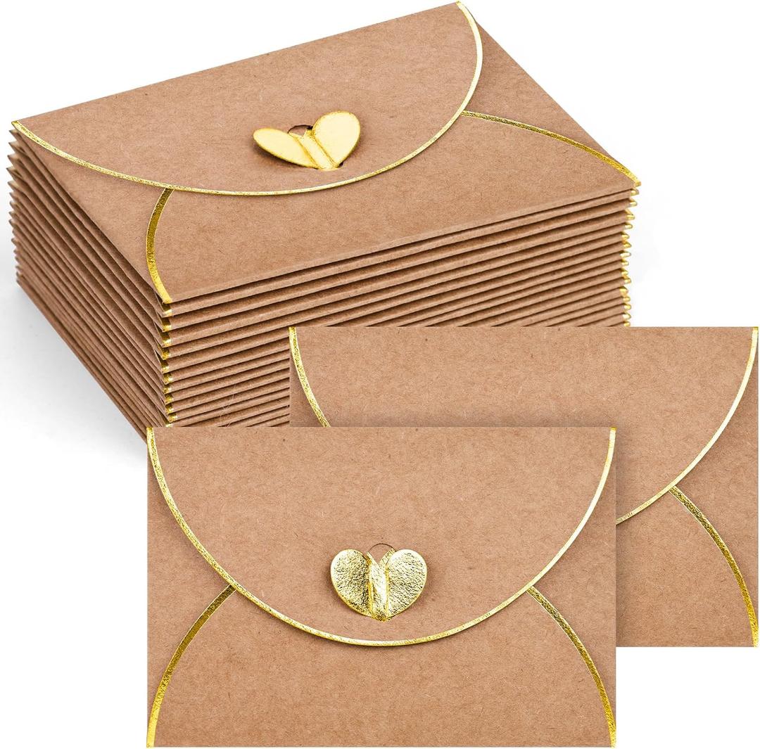 JOHOUSE 50PCS Mini Gift Card Envelopes, 4 x 3 Inch Brown Gift Card Holders with Gold Border & Heart Clasp, for Valentine's Day Gifts, Thank You Cards, Wedding, Birthday, Business Cards