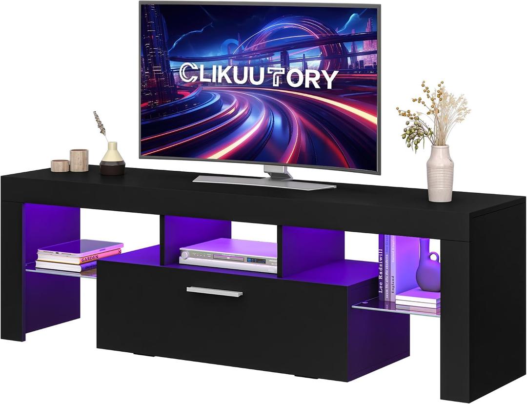 Clikuutory Modern Lighting 51 inch TV Stand with Large Storage Drawer for 32 40 50 55 Inch TVs, TV Console with 20 Color LED Lights, Entertainment Center Media and Open Shelf for Bedroom, Black, 51w14d18h