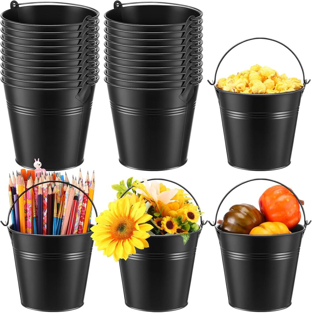 Rtteri 24 Pcs Metal Bucket 5 x 3.5 x 4.7 Inch Mini Party Buckets for Flower Pot Plant Basket Iron Small Metallic Pails with Handle for Container Candy Snack Crafts Vase Party Favors(Black)