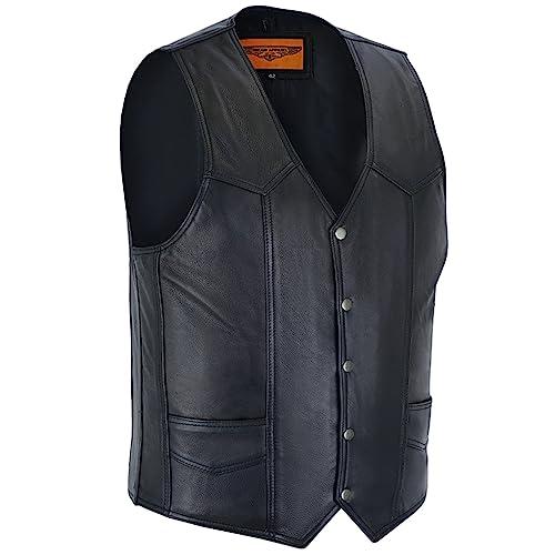 Dream Apparel Mens Leather Motorcycle Vest for Riding, Biker Vest Black Club Vest with 6 Pockets, 5 Snap Front Cowhide Leather Vest Size 48