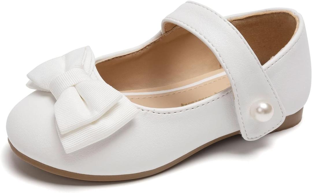 FUNKYMONKEY Toddler/Little Girl Mary Jane Dress Shoes Casual Slip on Ballet Flat (White Bowknot), 8 Toddler