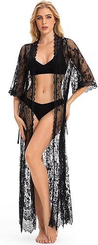 Women's Sheer Lace Robe Kimono Lace Duster Elegant Cardigan Bell Sleeve Bridal Lingerie Maternity Photoshoot Dress, Oversized