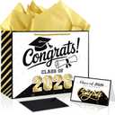 4 x GLURUITE 13" Graduation Gift Bag with Card and Tissue Paper Black Gold Congrats Gift Bag for Graduate Graduation Season Gifts for Class of 2026