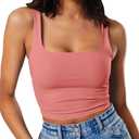 Artfish Women's Sleeveless Strappy Tank Square Neck Double Layer Workout Fitness Casual Basic Crop Tops (Brick Red), Smal