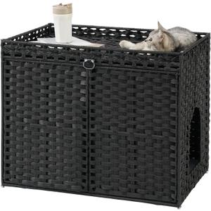 SETVSON Cat Litter Box Enclosure Furniture, Hidden Litter Box, Cat Litter Box Cabinet with 2 Litter Mats, Handwoven Rattan Large Space Cat House, Indoor for Living Room, Bedroom, Apartment Black
