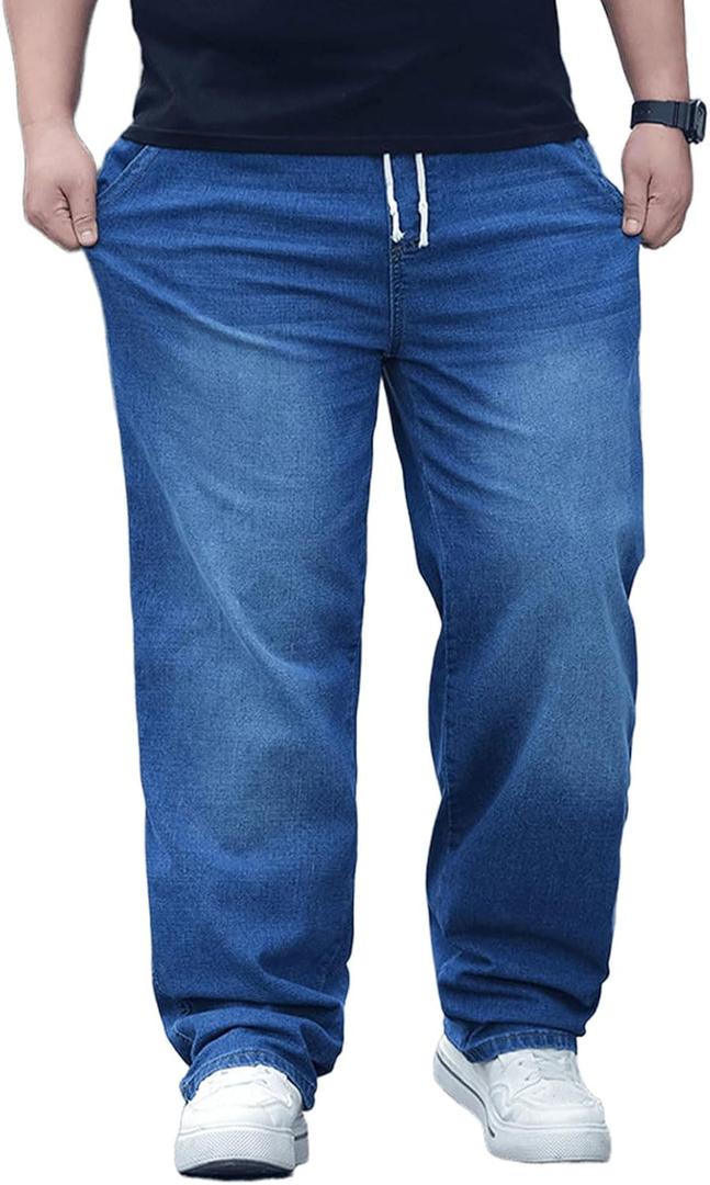 Plus Size Baggy Jeans for Men Elastic Waist Pull On Denim Pants Drawstring Straight Loose Jean Sweatpants L-5XL