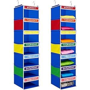 Amylove 2 Pcs 7 Shelf Weekly Clothes Organizer for Kids Hanging Closet Organizer 11. 8 x 11. 8 x 50 Inches Daily Activity Kids Clothes Storage Drawers Cube Drawers Closet Hanging Shelves