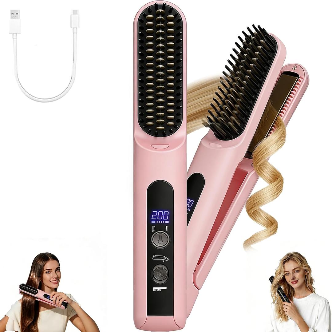 Cordless Hair Straightener Brush - Curler 2 in 1 Hair Styling Tools，Portable Rechargeable Battery-Powered for Travel with 4 Temperature Settings， Removable for Easy Cleaning
