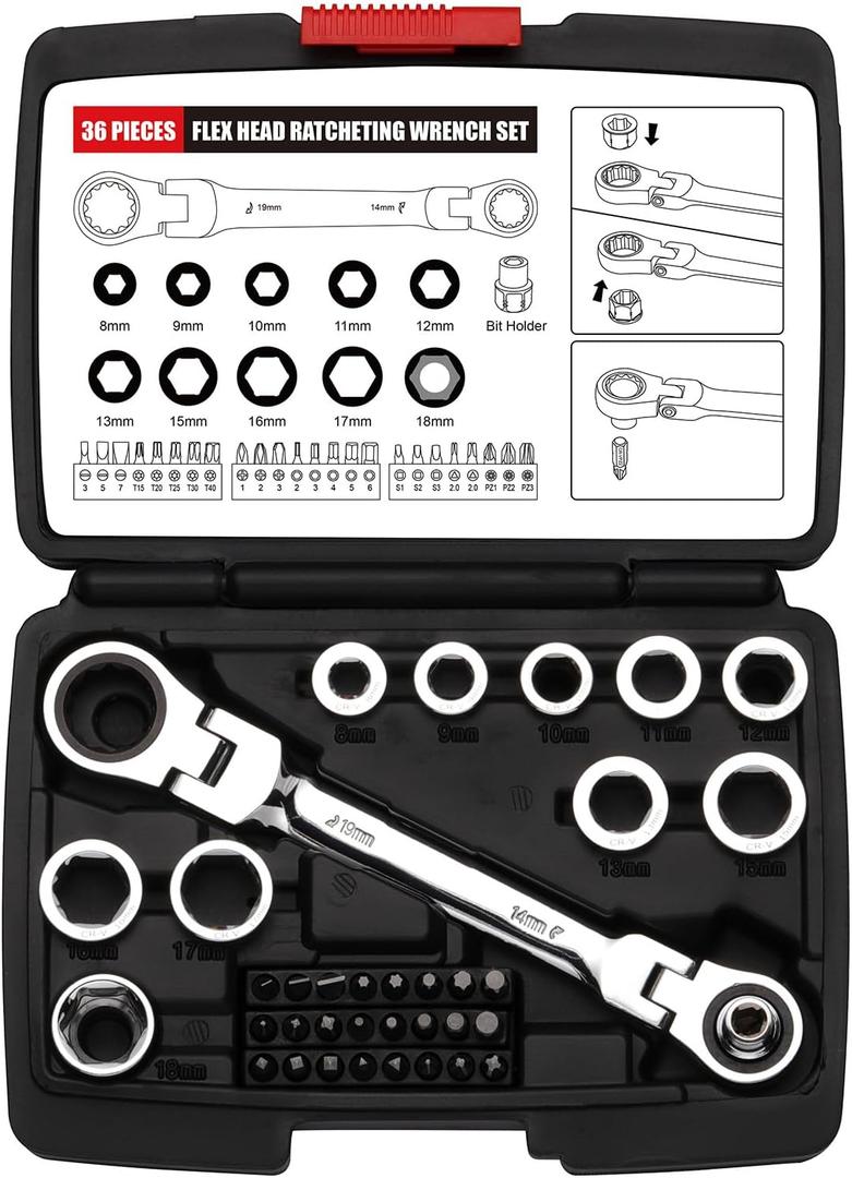 EMENTOL 36PCS Flex Head Ratcheting Wrench Set, 12-in-1 Wrench Set & 24-in-1 Screwdriver Set, CR-V, Double Box End Wrench 8mm -19mm