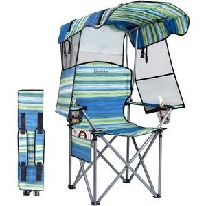 Folding Camping Chair with Reinforced Shade Canopy Comfortable Wide Seat with Cup Holder and Side Pocket Portable Outdoor Chair for Beach Fishing Sports Lawn Supports 350 LBS (Blue)