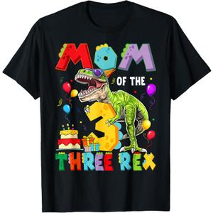 Mom Of The Three Rex 3Rd Birthday Boy Dinosaur T-Rex T-Shirt (Black). S Size
