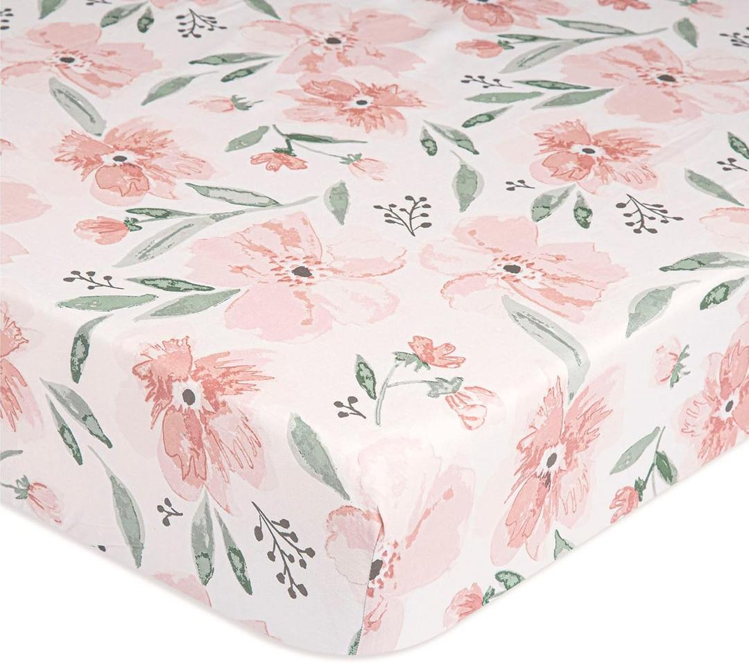 Crane Baby Floral Crib Sheets, 100% Cotton, Breathable Baby Bedding for Standard Mattress, Pink Nursery Decor, Machine Washable Pink Floral Crib, Toddler Sheets