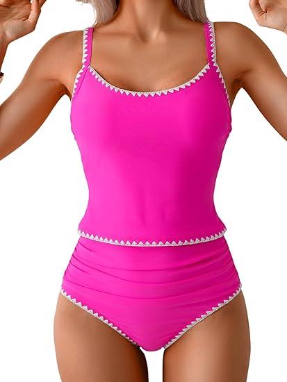 Eomenie Tankini Swimsuit for Women Tummy Control Ruched Two Piece Bathing Suits High Waisted Shell Stitch Swimwear (Small, Pink Floral)