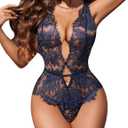 Avidlove Women One Piece Lingerie Lace Bodysuit Deep V Teddy Mini Babydoll (Small, 1-navy Blue)