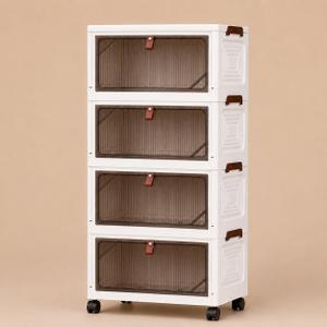 4-Tier Stackable Storage Bins with Lids, 81QT(4*20QT) Foldable Storage Cabinet Organizer with Transparent Front Doors & Wheels, for Toys, Clothes, Books, Bedroom,Nursery, Living Room