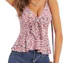 HUHOT Women's Floral Ruffle Top Tie Front Sleeveless V Neck Adjustable Spaghetti Strap Cami (Medium)
