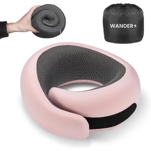 WANDER PLUS Genuine Travel Pillow, 100% Pure Memory Foam Neck Pillow for Airplanes, Comfortable Breathable Cover, 360 Support Stowable Pillows for Sleeping, Car, Airport Travel Essentials Pink