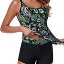 Yonique Two Piece Tankini Swimsuits for Women with Shorts Tummy Control Bathing Suits Athletic Swimwear Black and Green Paisley M