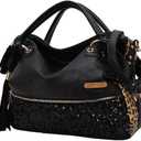 Women's Leopard Print Black Purse Handbag Hobo Style Sequin PU Leather Shoulder Bag