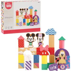 Just Play Disney Wooden Toys Mickey Mouse & Friends Block Set, 28-Piece Set Includes Mickey Mouse, Minnie Mouse, and Pluto, Kids Toys for Ages 18 Month
