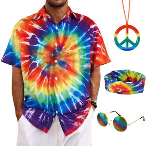 4 Pieces Hippie Costume Set,Tie Dye Button Down Shirt Set,Tie Dye Headband,Rainbow Sunglasses,Peace Sign Necklace (XXXL)