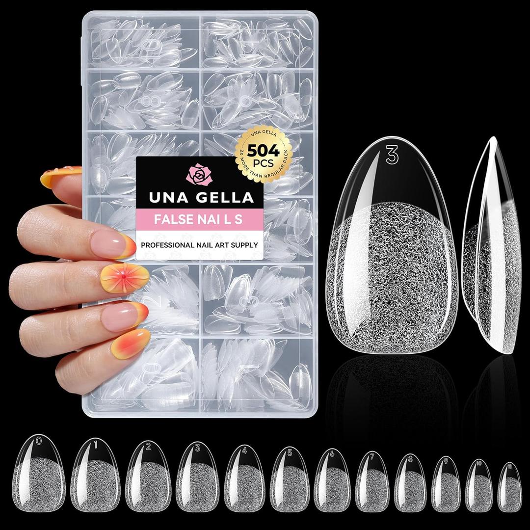 UNA GELLA Short Oval Almond Fake Nails 504pcs Press on Nails Pre-shape Short Almond Round Gel Nail Tips for Full Cover Acrylic False Nails For Nail Extension Home DIY Salon 12 Sizes False Gelly Tips