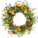 AMF0RESJ Artificial Spring Summer Wreath for Front Door Yellow Daisy Wreath with Olive Leaf, Eucalyptus Leaves for Front Door Indoor Outdoor Wall Porch Farmhouse Home Decor