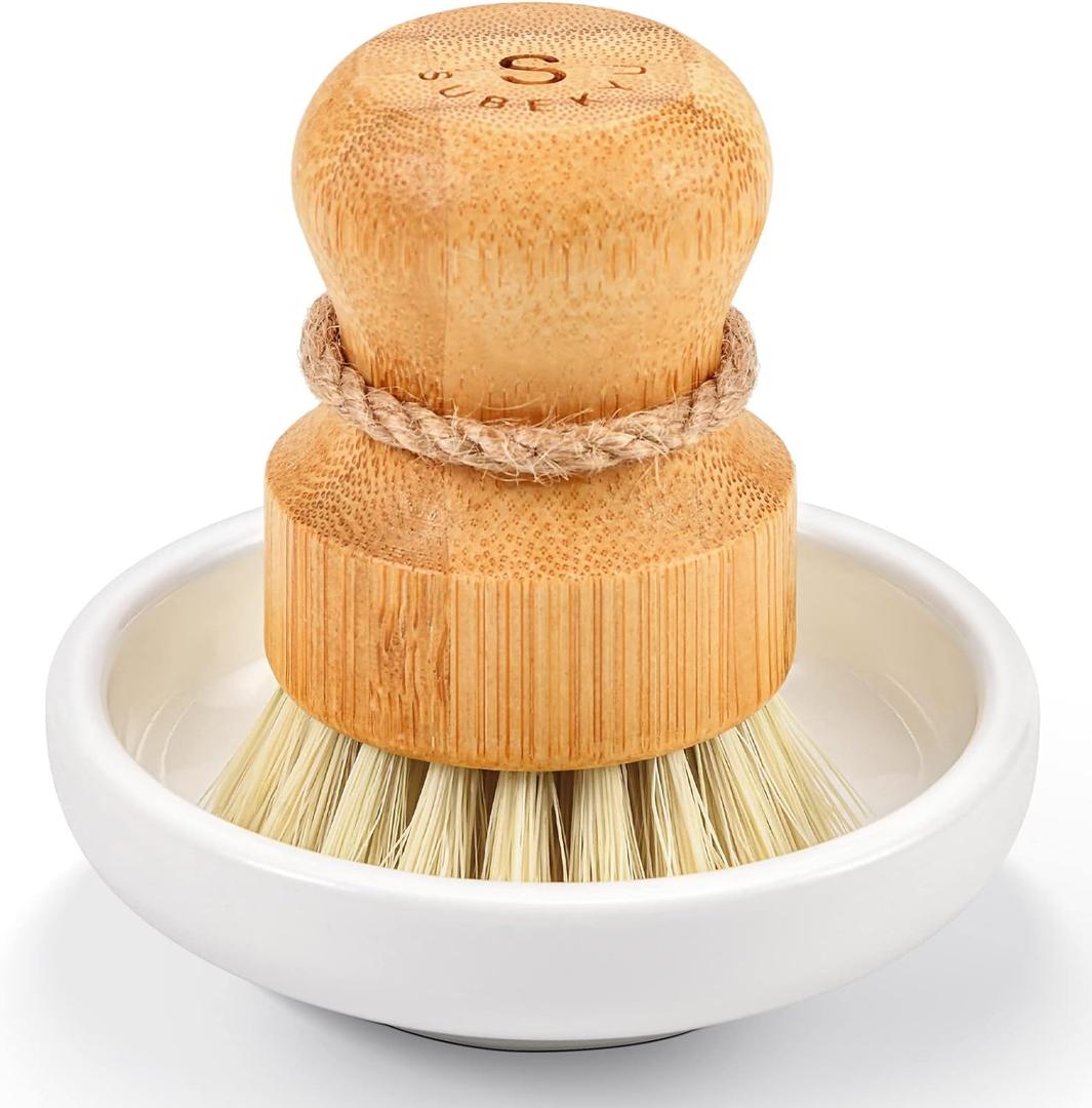 SUBEKYU Bamboo Dish Scrub Brush for Kitchen Sink, Natural Wooden Washing Dish Brush Scrubber with Sisal Bristles for Household Cleaning, Cast Iron Pots, Pans and Vegetables (Ceramics Base + Sisal Brush, 1p)