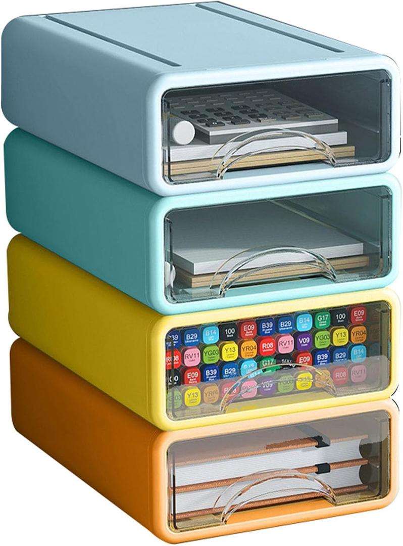 Desk Organizer with Drawers, Stackable Storage Drawers with Compartments Desktop Organization for Office Supplies, Makeup, Pencils, Tape, Erasers, Paperclips, Chargers (4 Pack) (Orange+Green+Yellow+Grey)