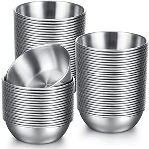 Tanlade 50 Pcs Metal Sauce Bowls Round Stainless Steel Seasoning Dishes Cups 3.2 Inch Mini Saucers Ramekins Plates Small Sushi Dipping Bowls Prep Appetizer Plates for Kitchen(Silver)