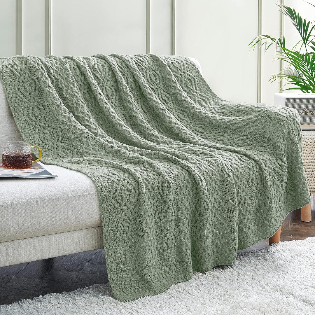 Aormenzy Sage Green Cable Knit Throw Blanket, Soft & Warm Knitted Blanket Oversized for Couch Bed Sofa Living Room, 60 x 80 inch