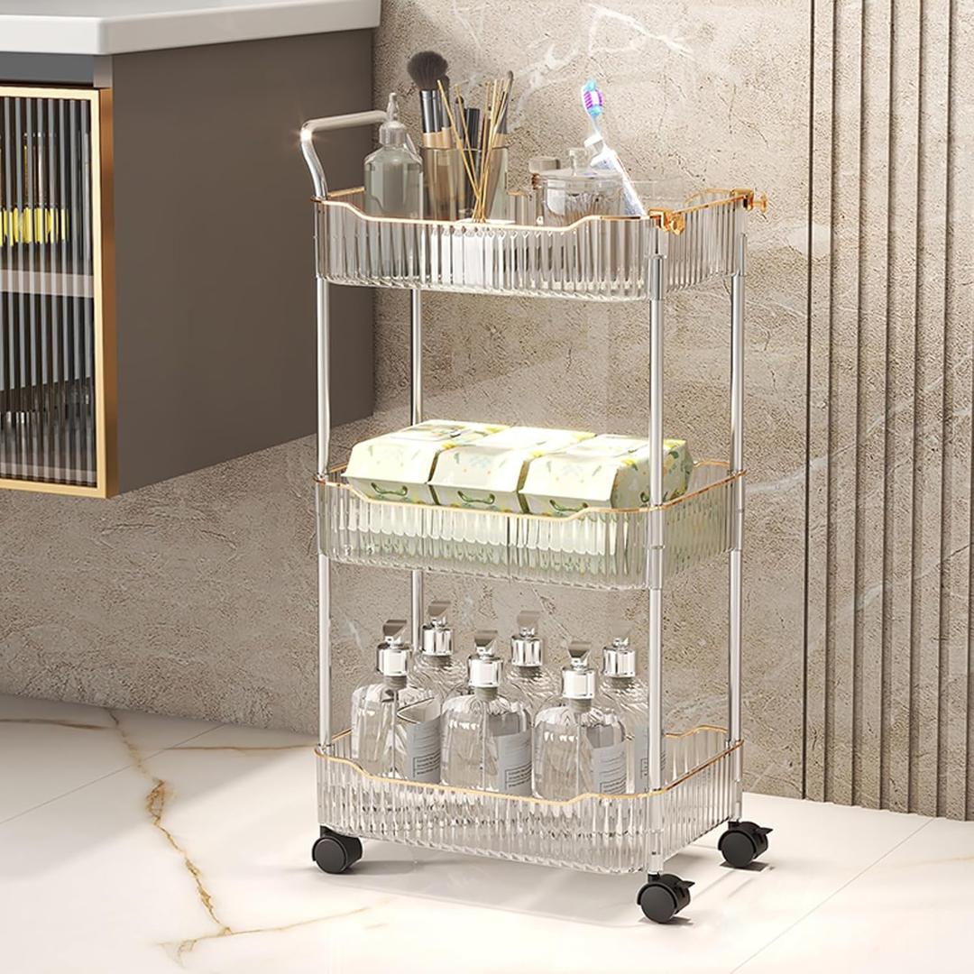 Acrylic Storage Trolley, Bathroom Kitchen Rolling Utility Cart Mobile Organization Shelves with Handle and Lockable Wheel(Clear,3 Tier)