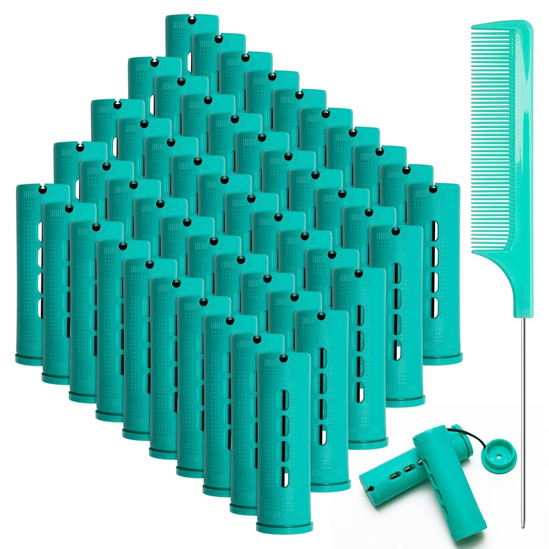50 Pcs 1 Inch Perm Rod Set for Nature Hair, Cold Wave Rods for Short Hair, Plastic Hair Curling Rollers Heatless Perming Rods Hair Curlers with Pintail Comb, Green