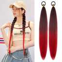 2 Pack Braid Ponytail Extension with Elastic Tie Straight Sleek Wrap Around Braid Wig Ponytail Black Red gradient 26 Inch (Black/Red)