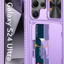 Vihibii for Samsung Galaxy S24 Ultra Wallet Case with Card Holder (4 Cards) & Slide Camera Protective Cover & Stand, Heavy Duty Shockproof Rugged Case for Galaxy S24 Ultra 5G 6.8" 2024, Light Purple