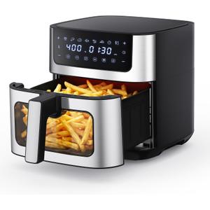 NEWBULIG Air Fryer 6.34QT, Airfryer with Visible Window, 400 Fast Heating Air Fryers Oven with Nonstick and Dishwasher-Safe Basket, 8-in-1 Cooking Preset, TimerAuto-Off, Stainless Steel, Black