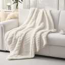 Luxury Faux Fur Throw Blanket, Cozy & Warm Soft Plush Ribbed Design,Gift for Women (Beige, Throw (49" x 63"), Striped)