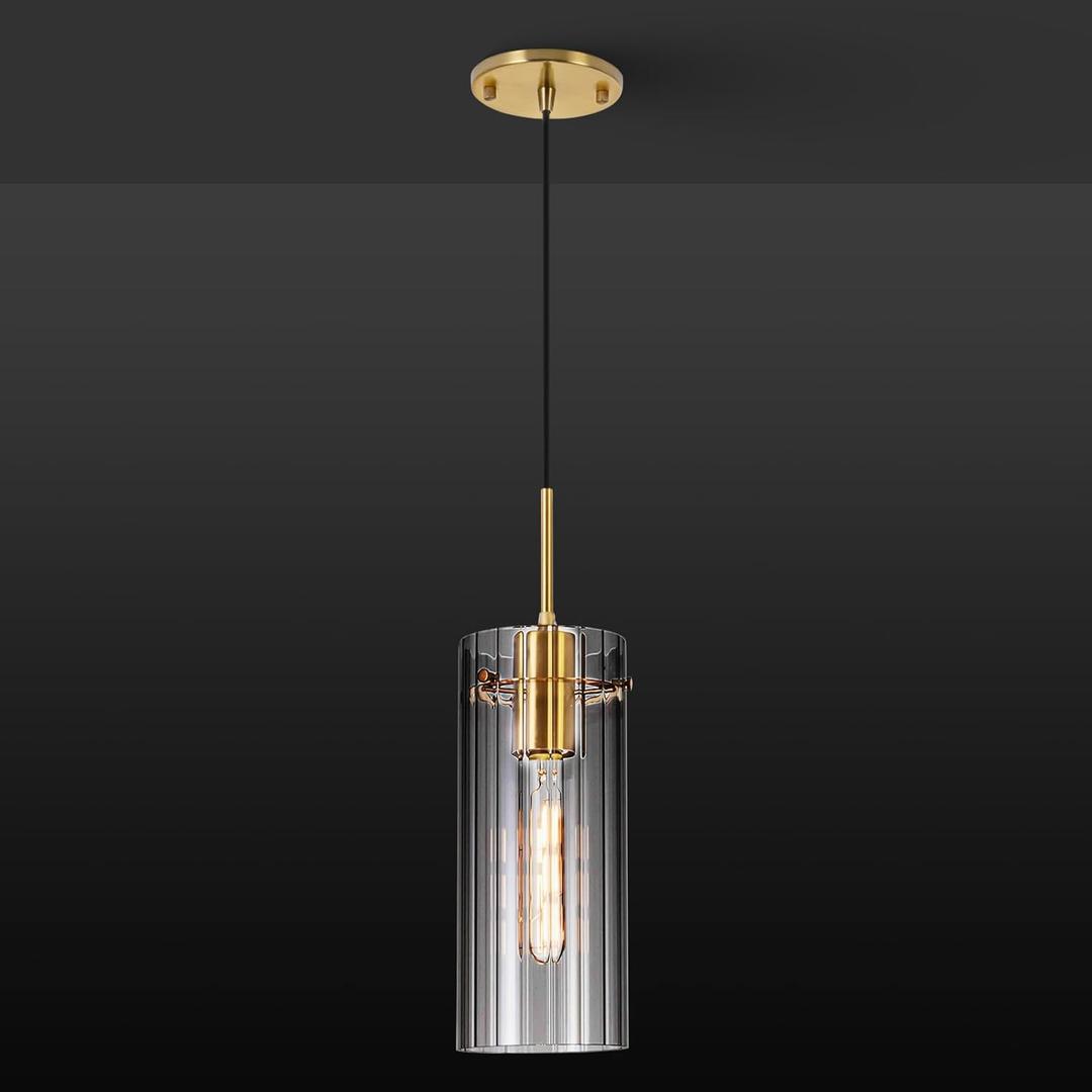 Gold Pendant Light Fixtures, Modern Pendant Lighting with Clear Striped Glass Shade, 1 Light Pendant Lights Kitchen Island, Farmhouse Pendant Lighting for Dining Room