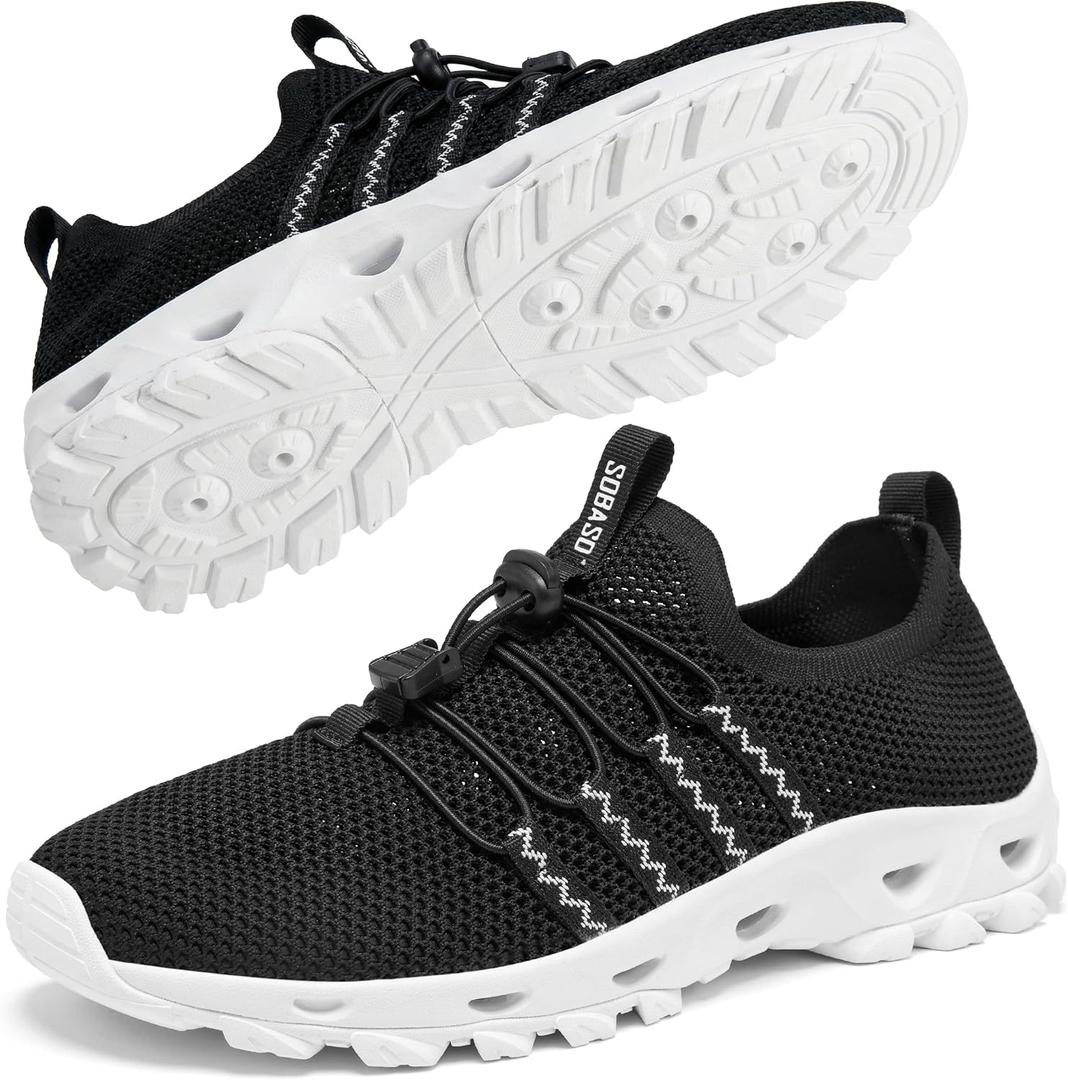 SOBASO Water Shoes Men Hiking Quick Dry Aqua Swim Beach River Barefoot Shoes for Boat Hike Surf Sport Diving Sailing Travel Adult Unisex (8.5 Women/6.5 Men, Black/White)