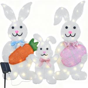 Outdoor Solar Easter Bunny Yard Decorations, Lighted Metal Bunny Family Set of 3, Pre-Lit LEDs for Lawn Garden Front Porch