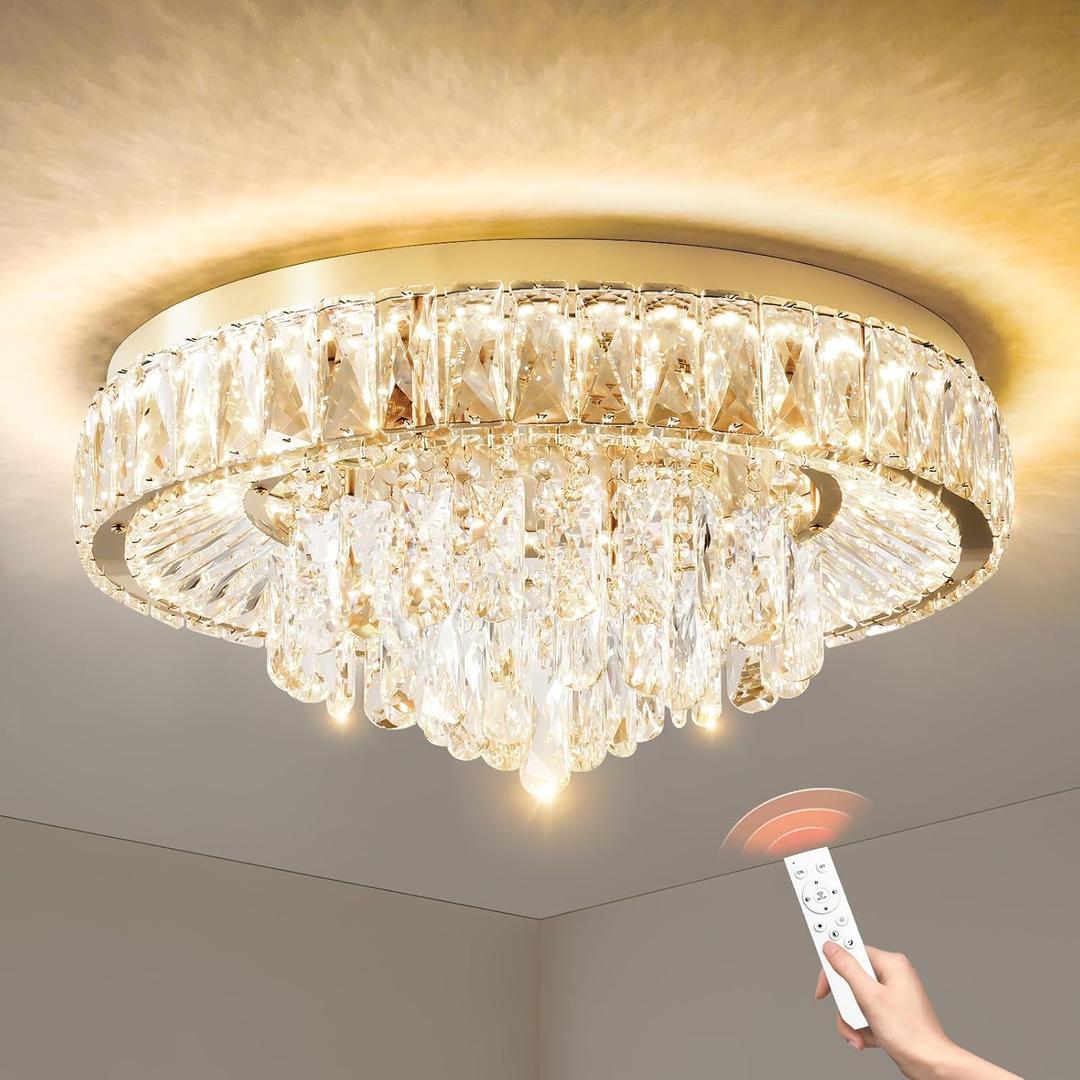 Modern LED Ceiling Crystal Chandelier: 20" Gold Dimmable 3CCT with Remote